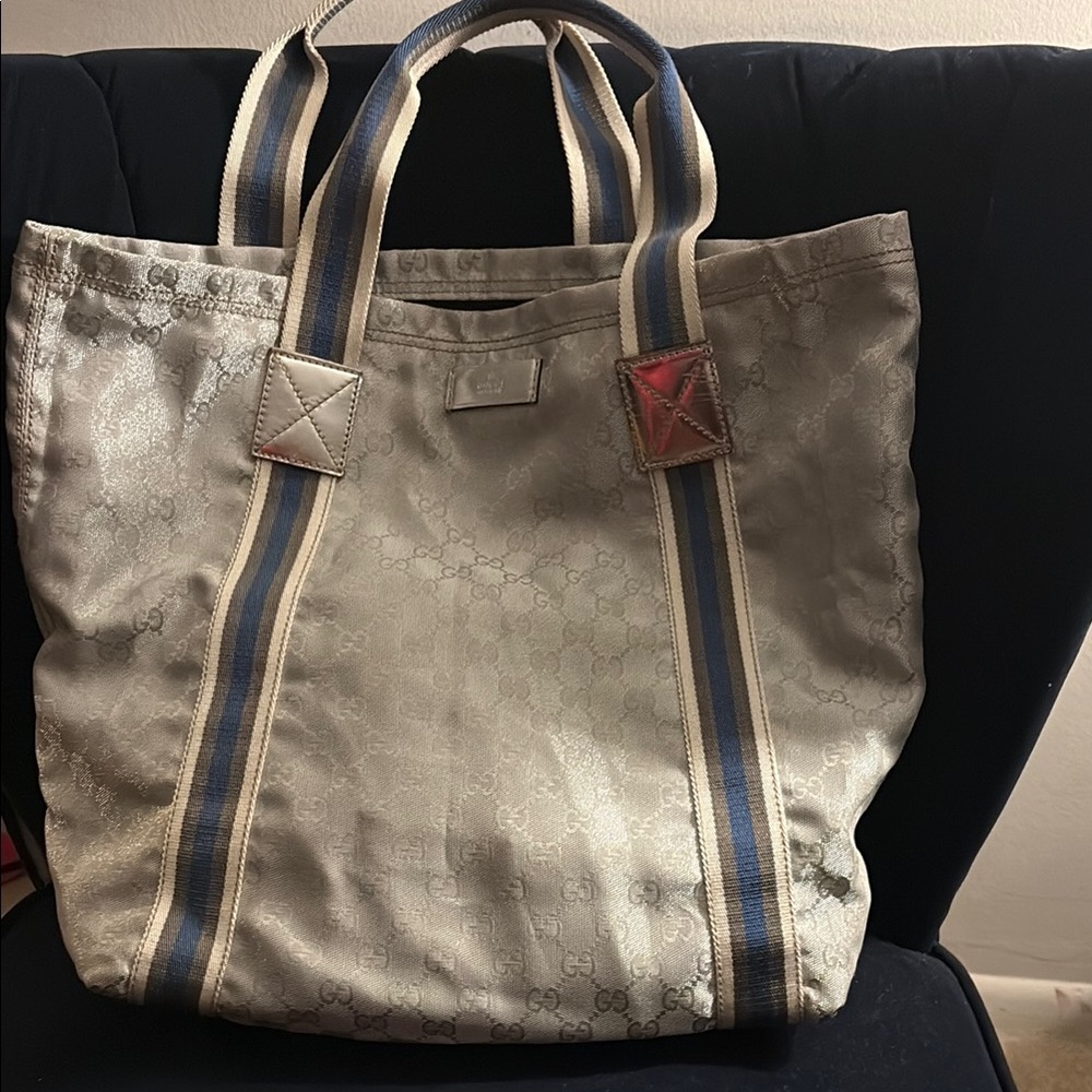 Gucci Silver Tote Bag with Blue Stripes
